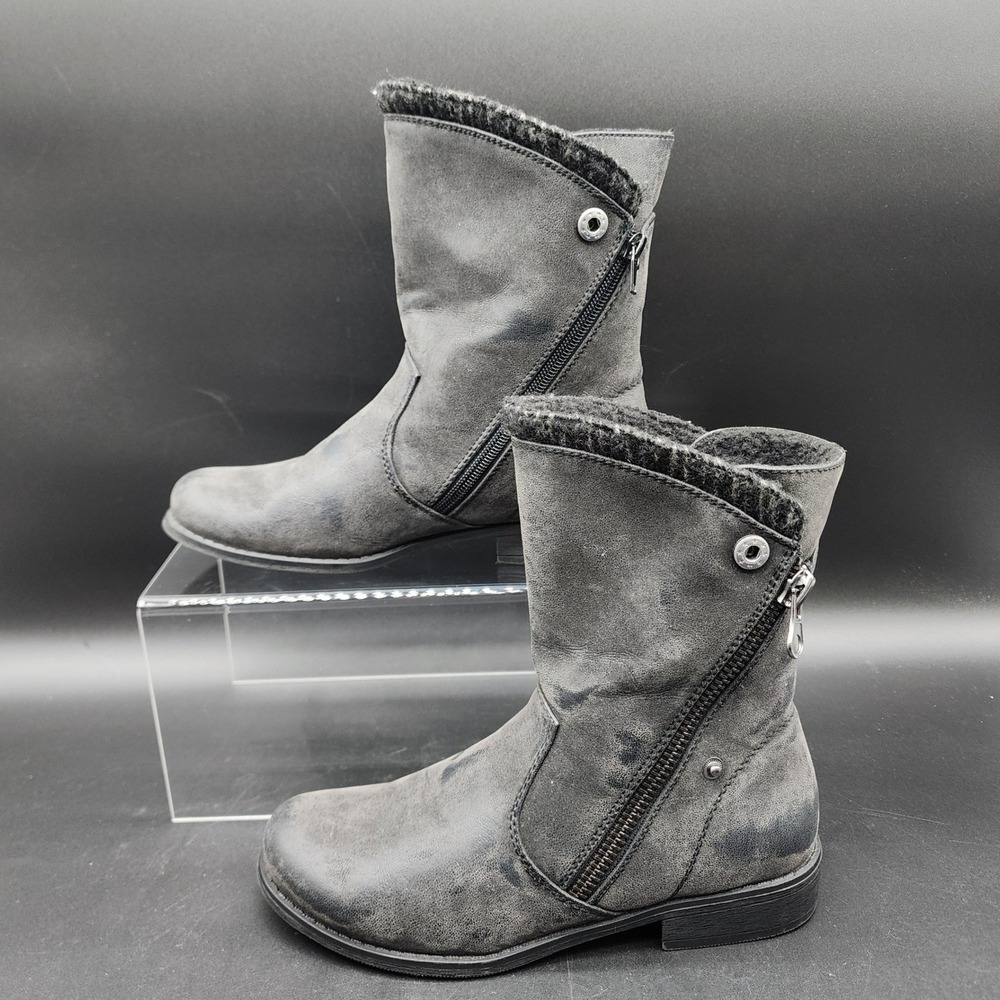 JustFab 8.5 Grey Faux Suede Mid Calf Moto Boots Faux Fur Trim Zip Gorpcore Edgy